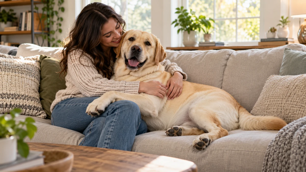 Labrador Retriever köpek — sahibinin kucağında