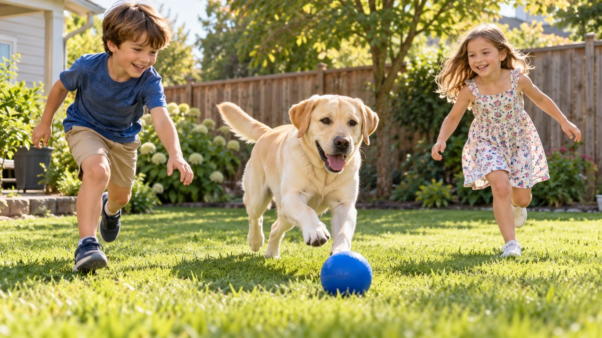 Labrador Retriever köpek — çocuklarla oyun